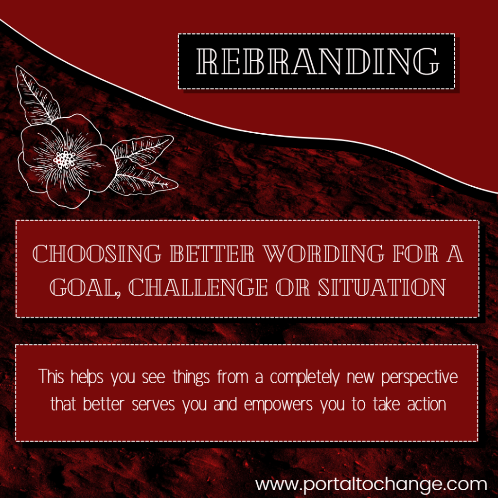 “Rebranding” - Choosing better wording for a goal, challenge or situation. This helps you see things from a completely new perspective that better serves you and empowers you to take action.